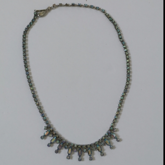 Vintage Sherman aurora borealis iridescent blue rhinestone necklace - Picture 6 of 7